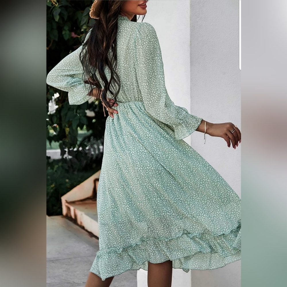 🌞V Neck Floral Boho Midi 🌞Dress Flowy Flounce L - Picture 4 of 4